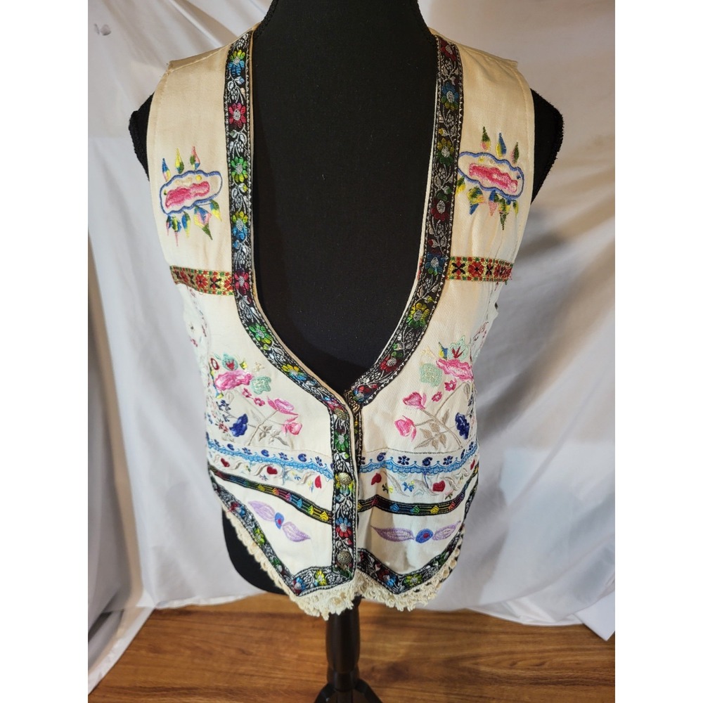 VINTAGE Elco Embroidered Vest Boho  Jean Appliqué Western Floral Size M